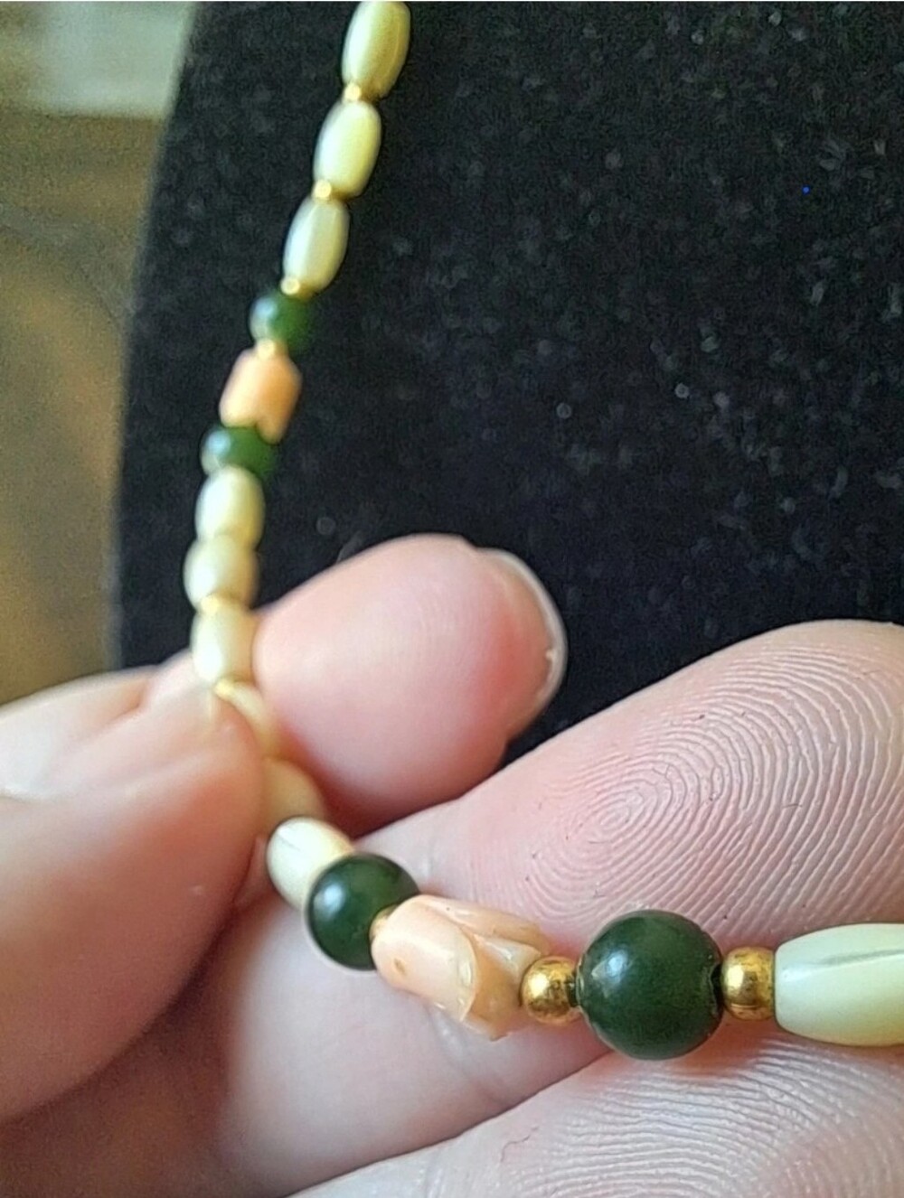 Vintage MOP, Jade and Coral Beaded Necklace 18"